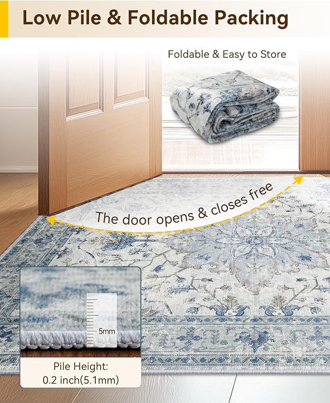 Area Rugs Square 7ft Washable Non-Slip, Floral Vintage Distress Print Pattern - Image 4