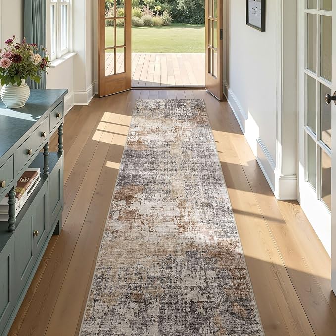 Washable Runner Rug for Hallway: 2.6x12 Neutral Modern Abstract Low Pile Area - Image 5