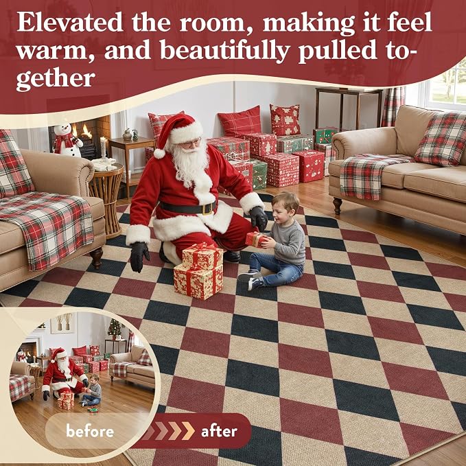 Lahome Checkered 5x7 Rug, Indoor Outdoor Rug Non Shedding Black and Red - Image 7