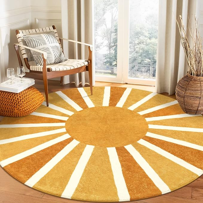 Lahome Sun Round Rug: 3ft Washable & Non-Slip Distressed Boho Rainbow Sun Print by Lahome