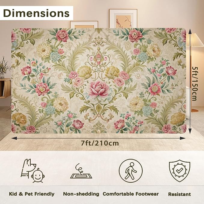 Chic Vintage Rose Rug for Living Room 5x7, Low Pile Non-Slip Backing, Machine - Image 2