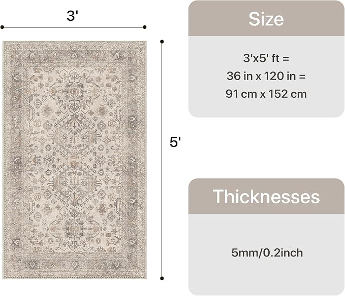 Bavni 3x5 Area Rug for Living Room Bedroom, Washable Boho Print Vintage - Image 2