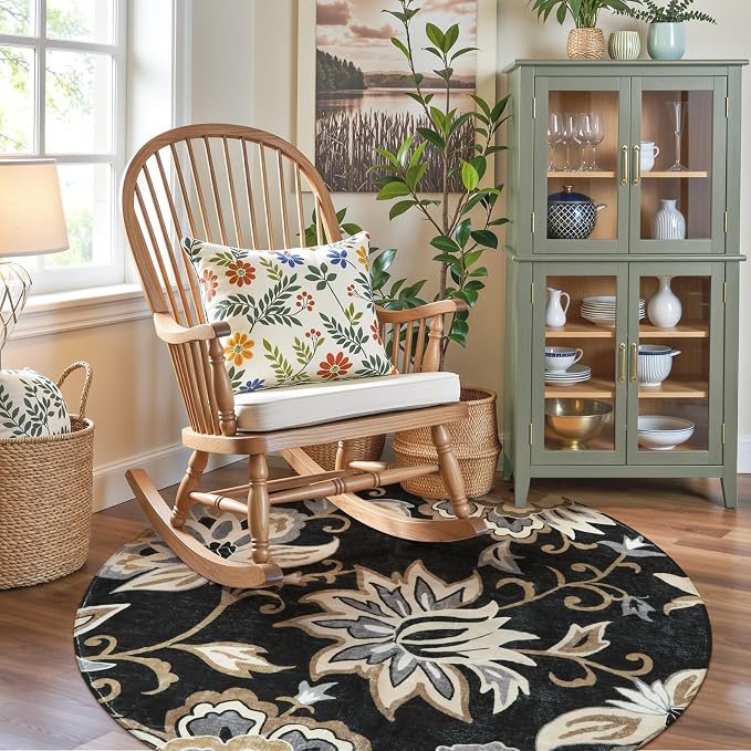 Lahome Floral Black Round Rugs - 3Ft Washable Round Area Rug Non-Slip Small - Image 7