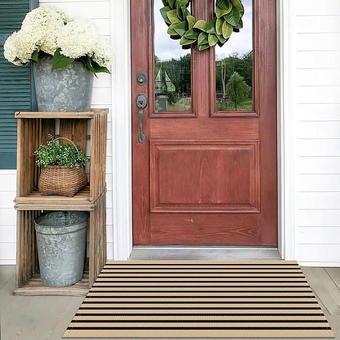 KOZYFLY Brown and Black Striped Porch Rug 2x3 Ft Small Area Rug Cotton Outdoor - Image 2