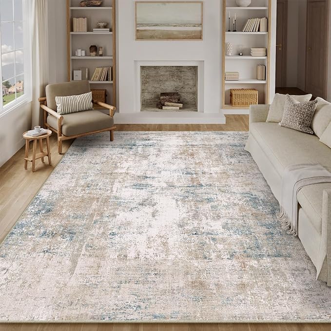 10x14 Area Rug Beige Blue Abstract Living Room Bedroom Washable Carpet Neutral - Image 5