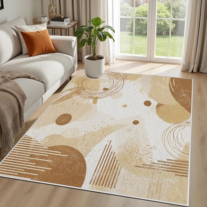 Minimalist Abstract Area Rug 2x3 Beige Boho, Modern Washable Geometric Art - Image 2