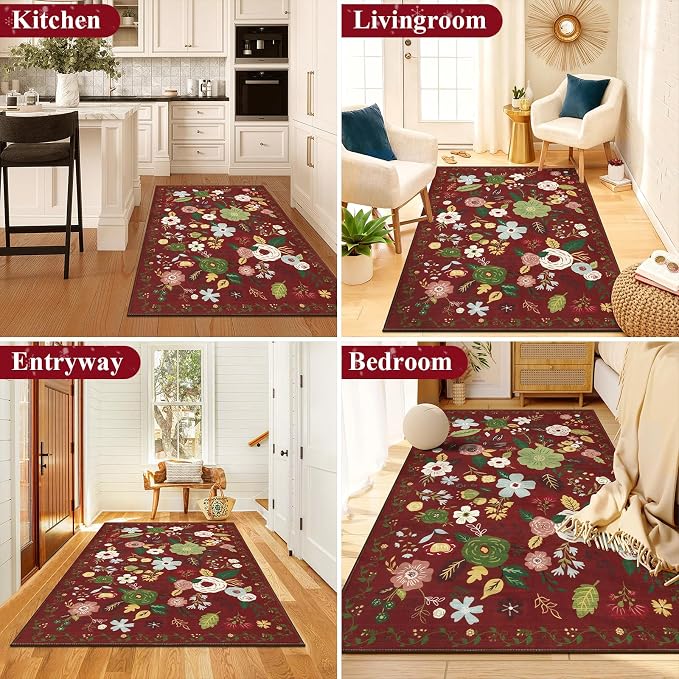 U'Artlines 3x5ft Colorful Red Christmas Floral Rug, Non Slip Washable Area Rug - Image 7