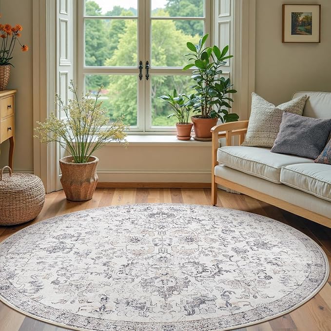jinchan Kalen Round Rug 7ft Area Rug Washable Vintage Indoor Retro Floor Cover - Image 3