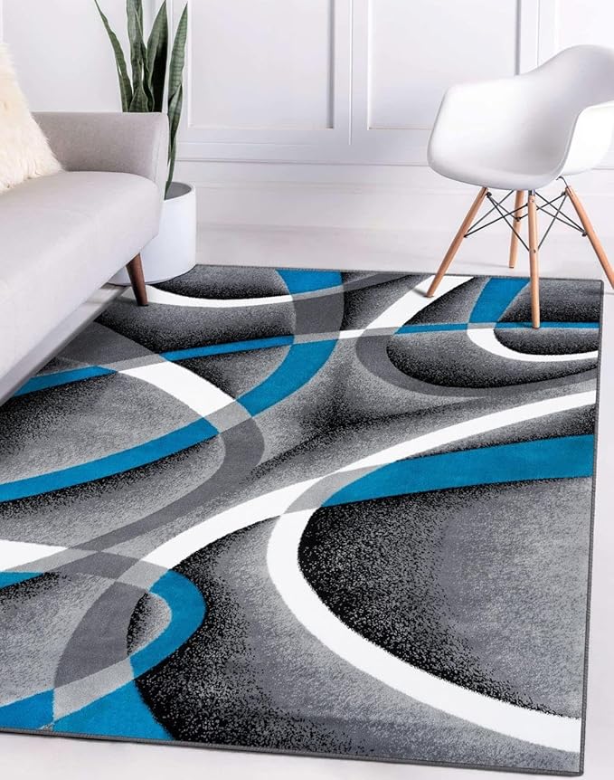 Persian Area Rugs Turquoise 8x10 2305 White Swirls 7'10 x10'6 Modern Abstract by LuxeWeavers
