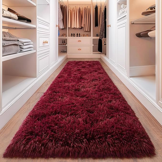 Burgundy Runner Rug for Hallway, Bedroom Bedside Plush Rugs, Non Slip Fluffy - Image 5