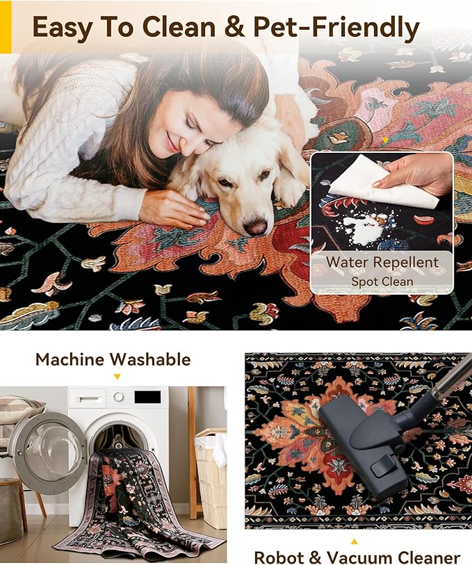 Area Rugs 10'x12' Washable Non-Slip, Floral Vintage Distress Print Pattern - Image 5