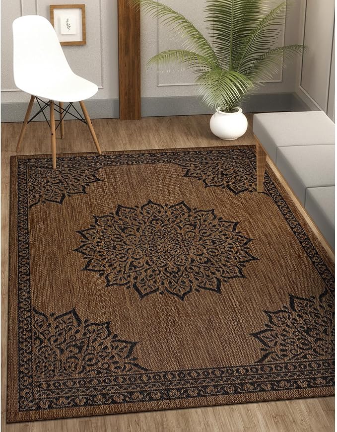 CAMILSON Outdoor Rug, 5x7 Medallion Nut Brown Black Modern Area Rugs - Image 3