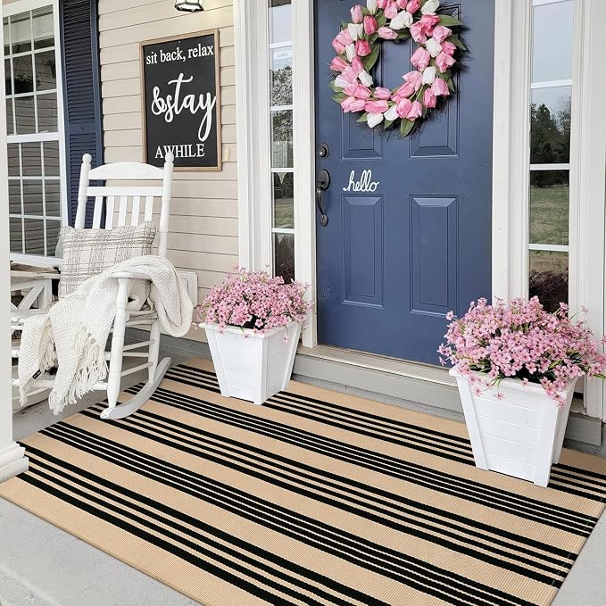 Black and Khaki Striped Rugs 3x5, Outdoor Cotton Hand Woven Front Door Mat by Sungea