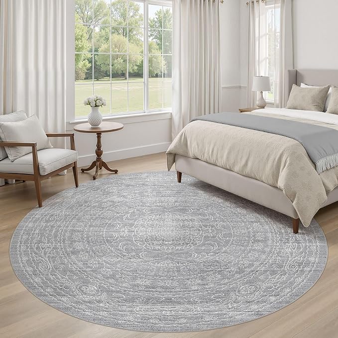 8ft Round Rug Living Room: Washable Large Vintage Rug Neutral Non-Slip Soft - Image 6
