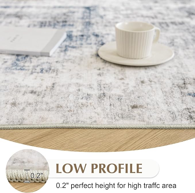FMFUNCTEX 4x6 Washable Area Rug Brown Blue Abstract Modern Neutral Non Slip Low - Image 5