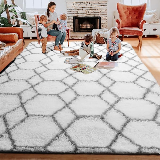 ONASAR 8x10 Area Rugs for Living Room, Washable Fluffy White and Grey Rug for - Image 7