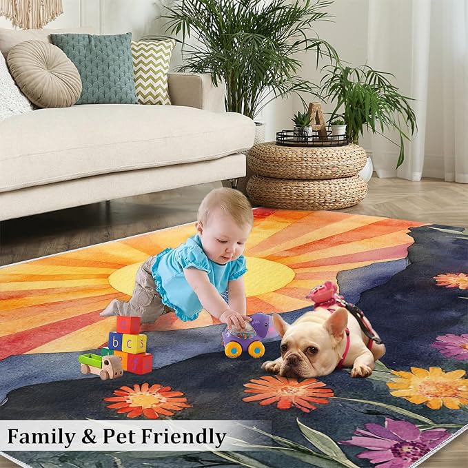 Boho Sun Area Rugs 4x5ft, Radiant Sunburst Kids Play Rug, Geometric Solar Throw - Image 4