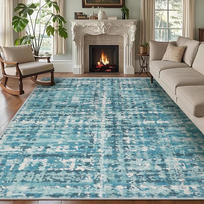 6x9 Abstract Area Rugs for Living Room, Modern Teal Blue Washable Indoor Rug - Image 2