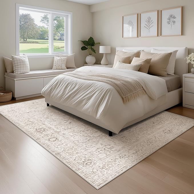 FMFUNCTEX 5x7 Washable Area Rug Neutral Vintage Beige Distressed Non Slip Low - Image 3