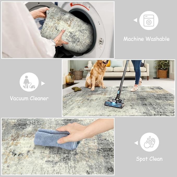 Lahome Modern Abstract Round Rug - 5Ft Grey Living Room Rugs Washable 5x5 - Image 4
