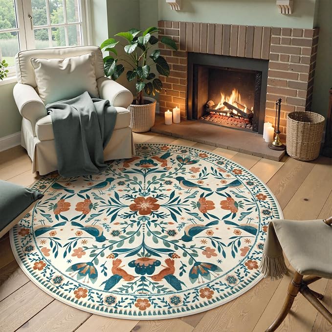 Moynesa Floral Bird Round Rug 6ft Washable Circle Rug Non Slip, Modern Bohemian - Image 9
