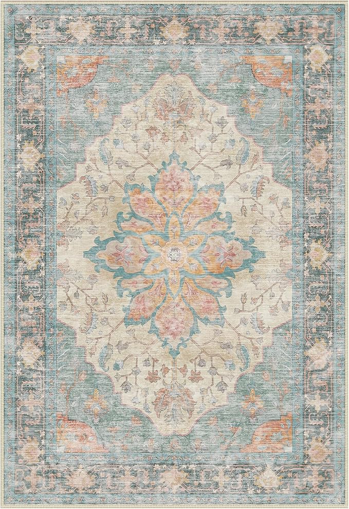 Area Rugs Round 6ft Washable Non-Slip, Floral Vintage Distress Print Pattern by RELEANY