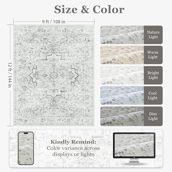 Large Farmhouse Area Rugs 9x12 for Living Room, Distressed Medallion Printed - Image 2
