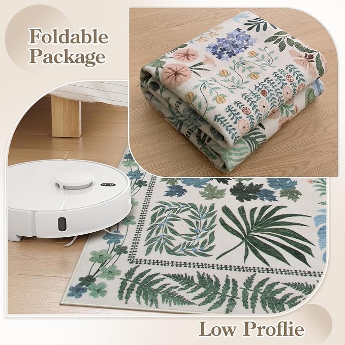 Floral Boho Beige Washable 3x5 Bathroom Entrance Rugs Indoor, Non Slip Flower - Image 6