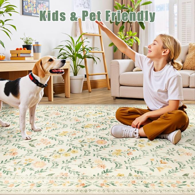 10x14 Area Rugs for Living Room: Floral Washable Rug Vintage Large Soft Boho - Image 7