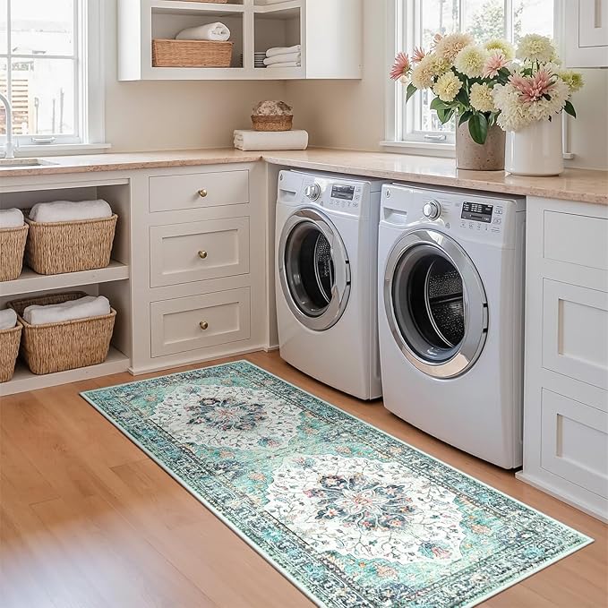 Area Rugs 2'x6' Washable Non-Slip, Floral Vintage Distress Print Pattern - Image 4