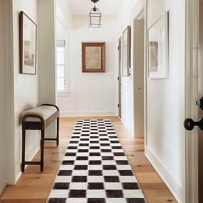 EVERGRACE Checkered Plaid Area Rug 2x10, Soft Fuzzy Faux Wool Rugs Washable - Image 2
