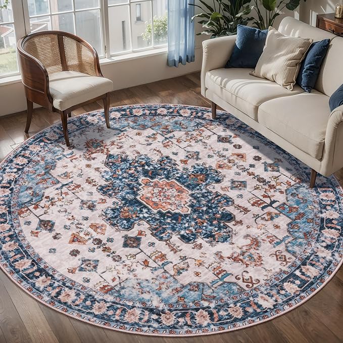 Tangsoo Vintage Round Rug 5ft, Washable Circle Rug, Non Slip Boho Round Area Rug - Image 5