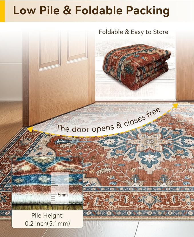 Area Rugs 5'x7' Washable Non-Slip, Floral Vintage Distress Print Pattern - Image 6