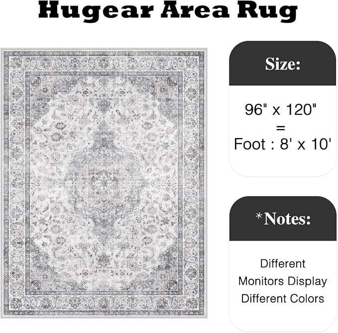 HUGEAR Area Rug 8x10 Vintage Grey Machine Washable Living Room Rugs Thin - Image 2
