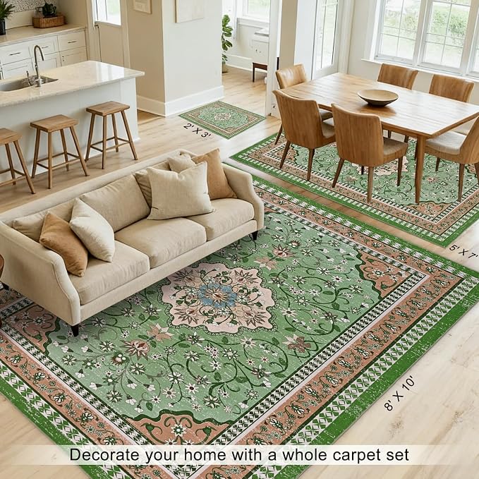 Luxury 5' x 7' Green Washable Area Rugs, Boho Low Pile Easy Clean Non-Slip Rug - Image 2