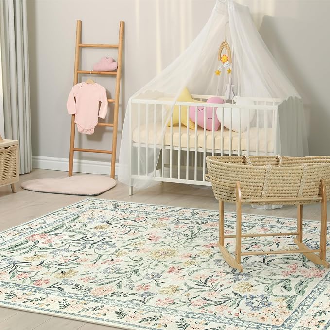Morebes Floral Machine Washable Area Rugs 5x7, Vintage Boho Nursery Rug Girl - Image 2