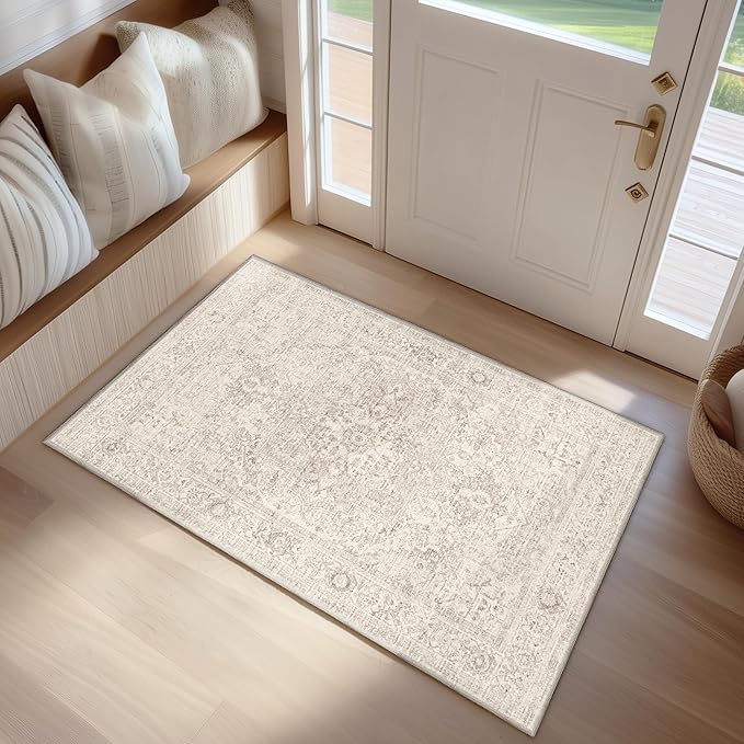 FMFUNCTEX Entryway Rug 2x3 Washable Beige Vintage Distressed Oriental Door Mat by Fmfunctex