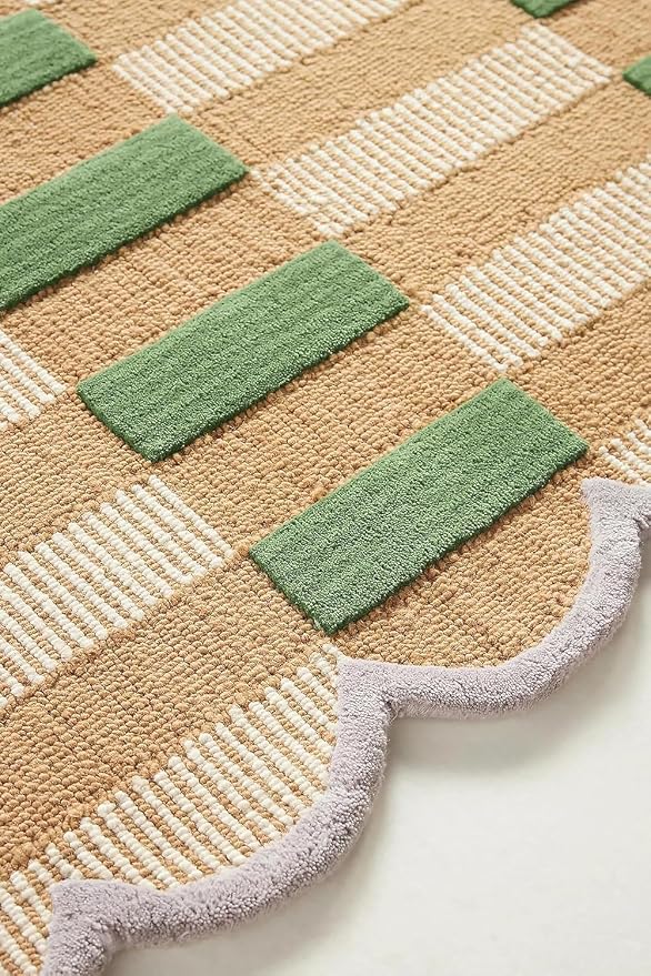 Hand-Tufted Wool Rug with Scalloped Edges, Light Blue Plaid Pattern, Cozy Soft - Image 3