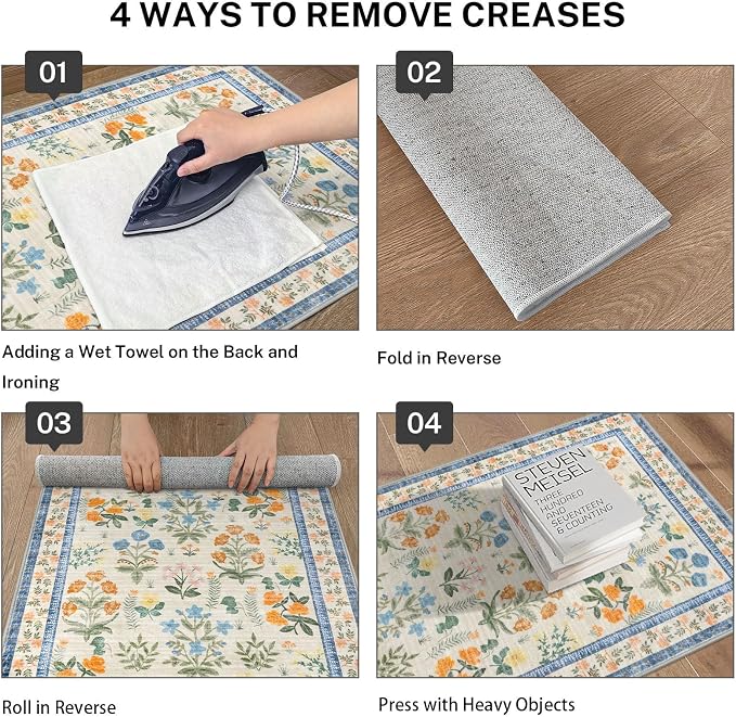 Boho Floral Machine Washable Runner Rug 2x6, Garden Yellow-Green Kitchen Runner - Image 4