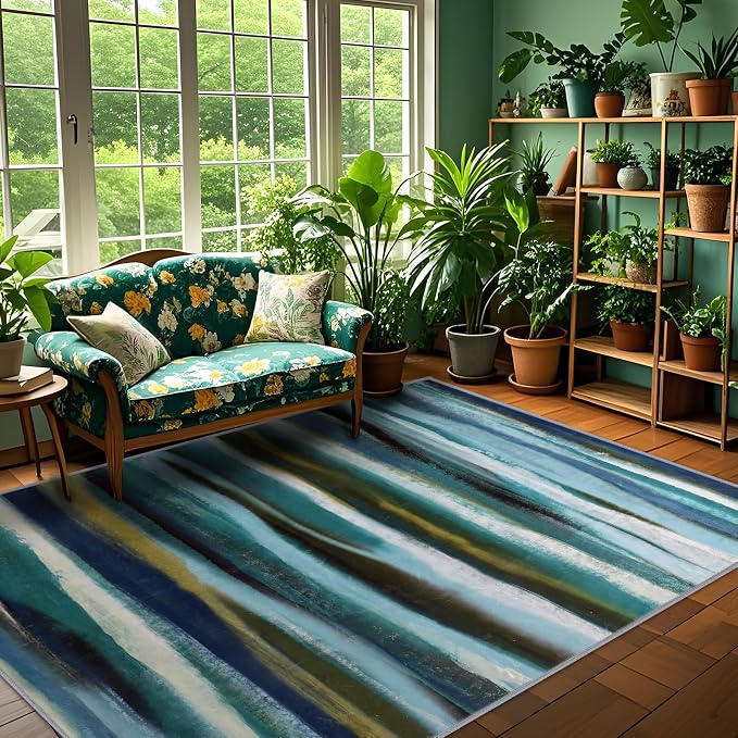 Abstract 3x5 Area Rug, Modern Stripe Teal Rugs by FLYRUGGO