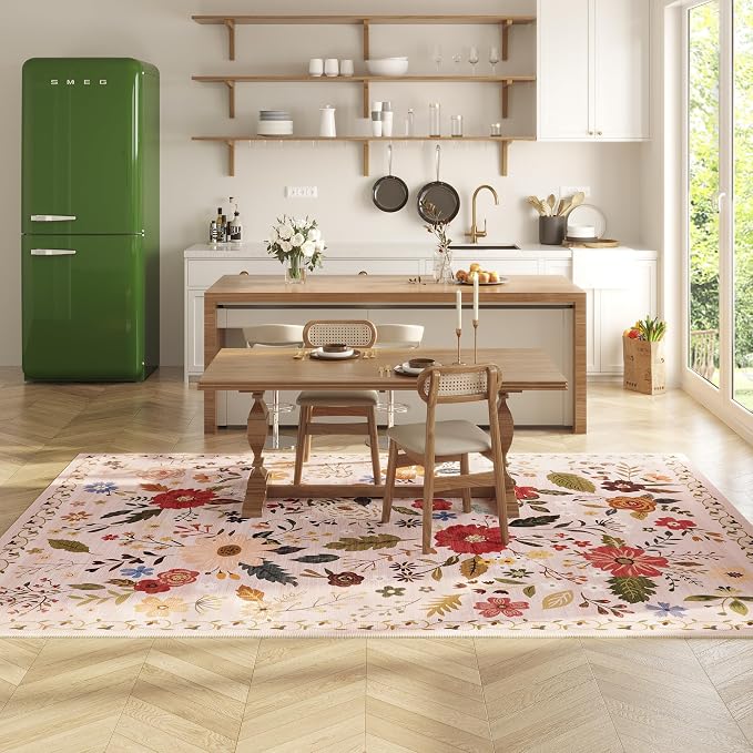 5x7 Washable Rug for Living Room, Non Slip Low Pile Soft Flower Carpet - Image 4