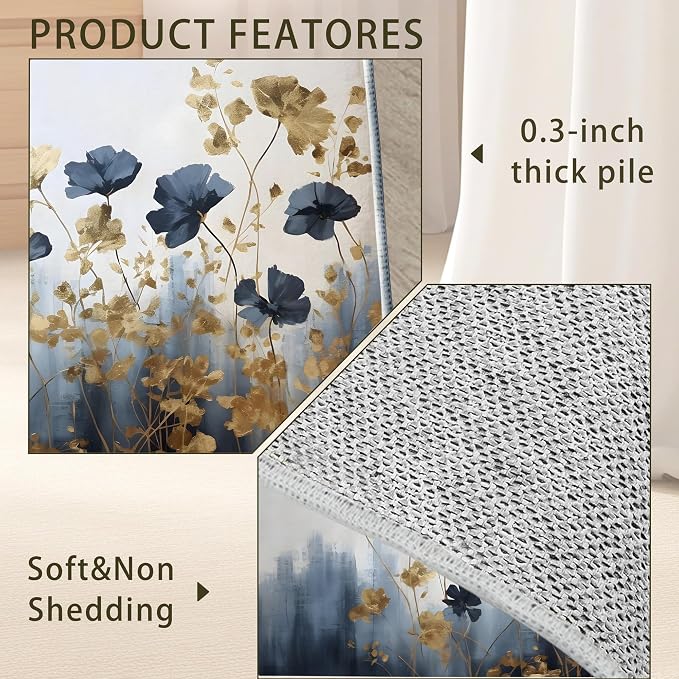 Blue Gray Flower Area Rug for Living Room, Non-Slip Backing Low Pile Modern - Image 5