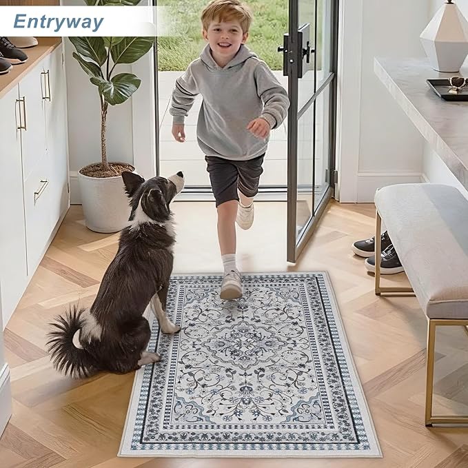 2' x 3' Blue Washable Area Rugs, Non-Slip Entryway Rug, Boho Low Pile Door Mat - Image 3