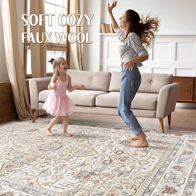 9x12 Area Rug Living Room: Washable Boho Large Neutral Vintage Soft Rugs Stain - Image 3