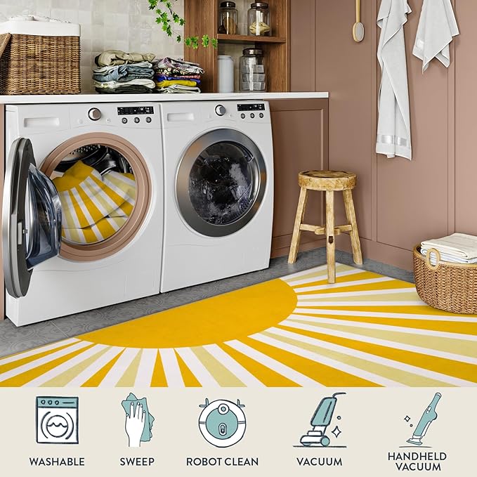 Lahome Yellow Rainbow Sun Area Rug: 5'x7' Ultra-Thin Machine Washable & Non-Slip - Image 4