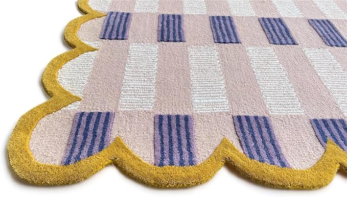 Hand-Tufted Wool Rug with Scalloped Edges, Light Blue Plaid Pattern, Cozy Soft - Image 2