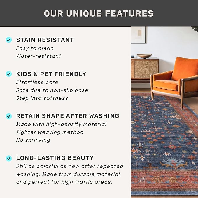 Boho Navy Blue 10x14 Area Rug for Living Room, Extra Large Dining Room Rugs for - Image 7