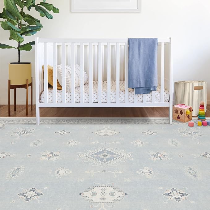 RUGGABLE Washable Vintage Area Rug – Verena Soft Blue 8x10, Stain-Resistant by RUGGABLE