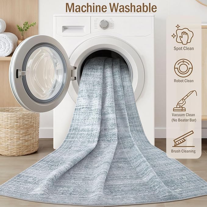 10x12 Area Rug Living Room: Washable Large Vintage Blue Rug Neutral Non-Slip - Image 2