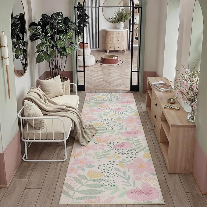 Floral Runner Rug 2x8 Washable Hallway Pink Bedroom Non Slip Cute Long Kitchen - Image 3